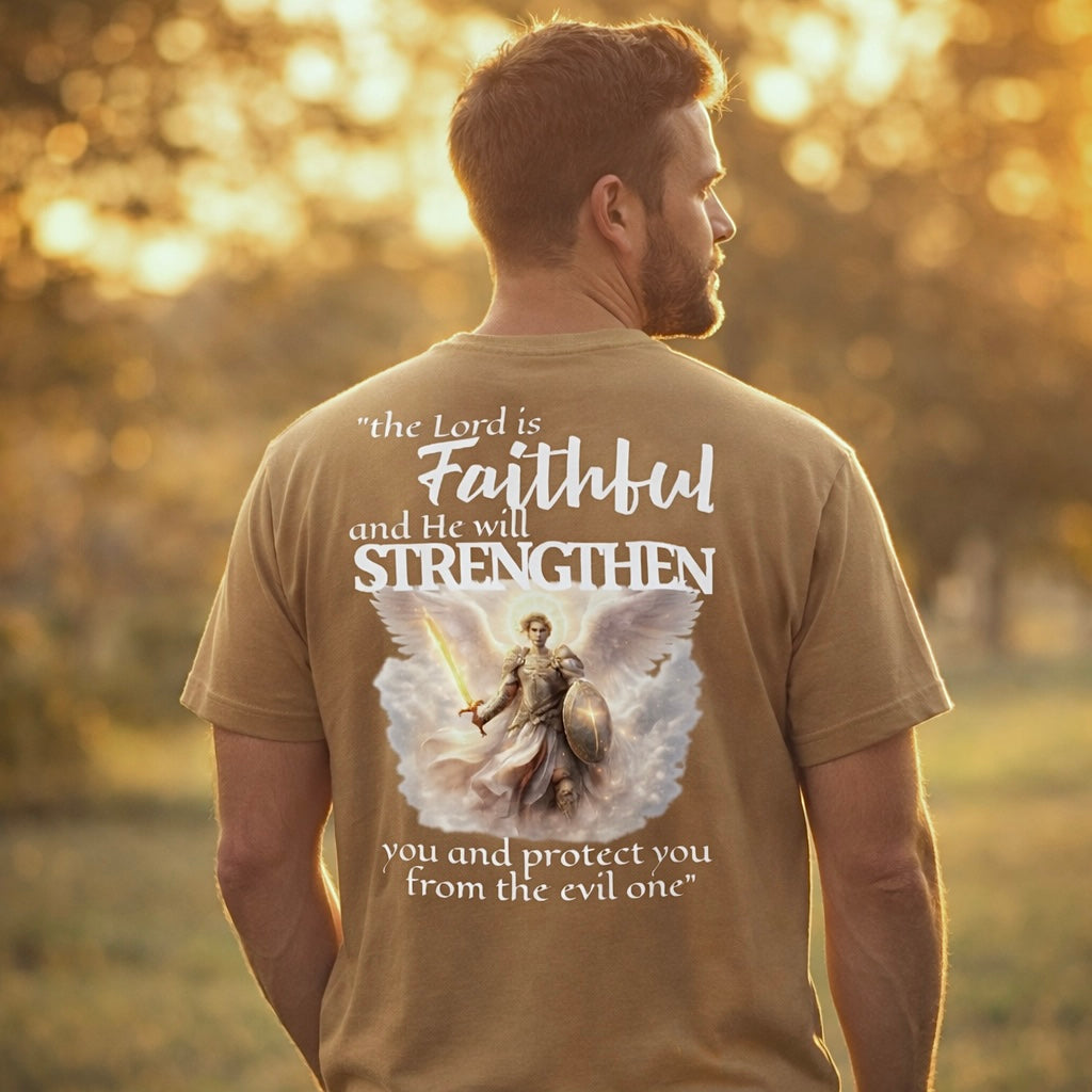 man wearing tan shirt with text that reads "the Lord is faithful and He will strengthen you and protect you from the evil on." 