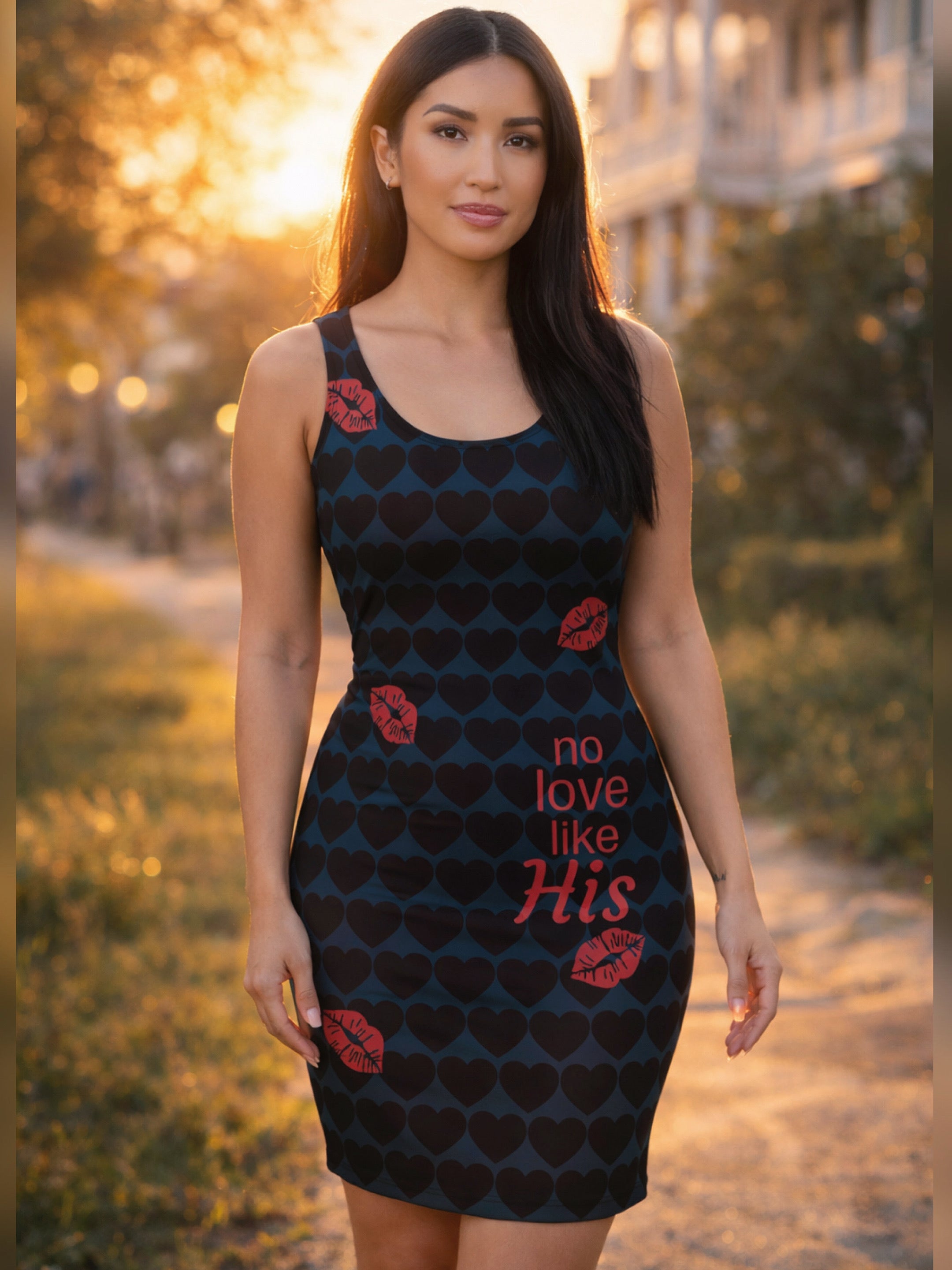 model wearing a grey blue dress with lips and red text that reads, "No love like His" 
