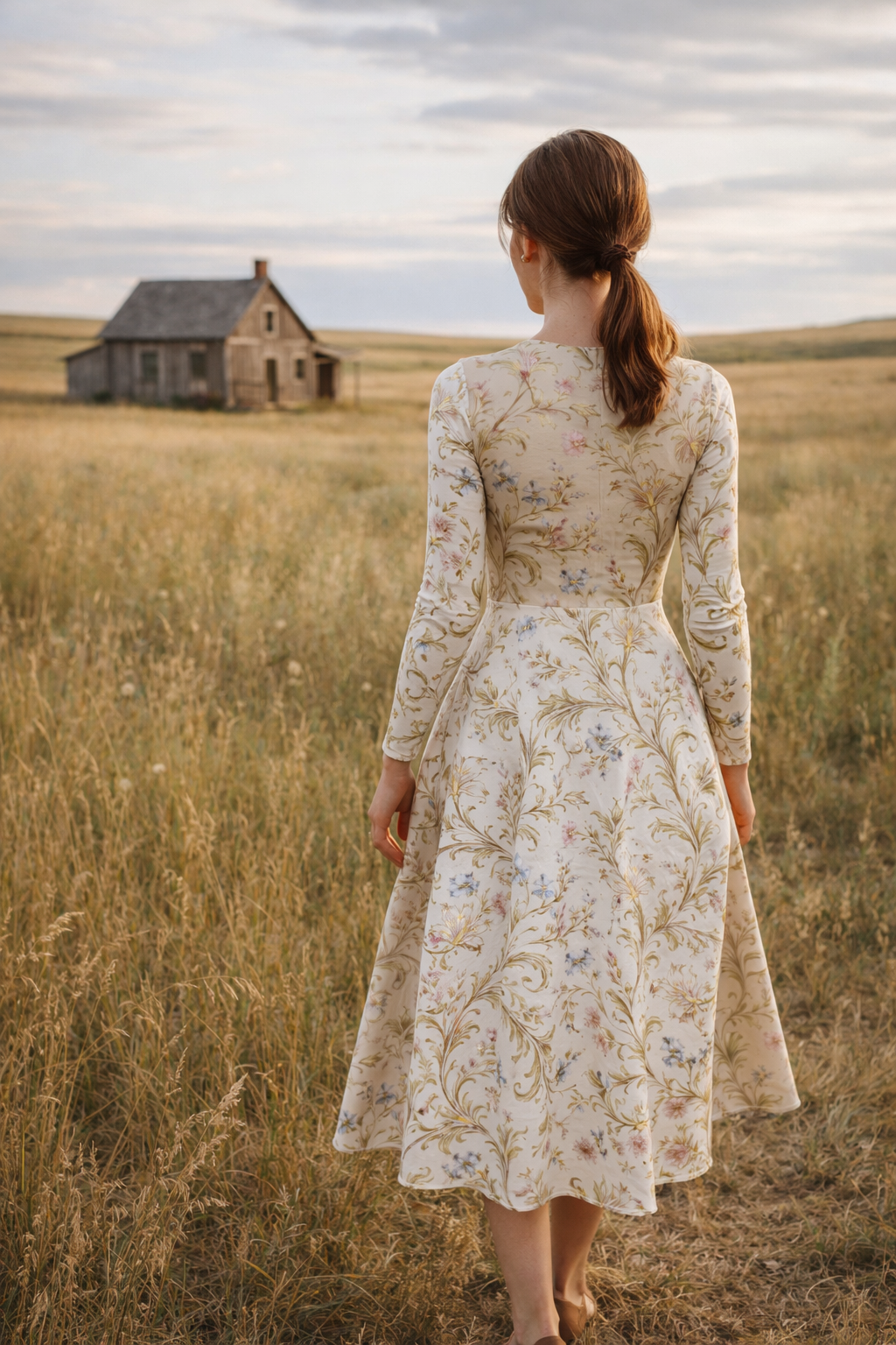 model wearing a grey blue dress with lips and red text that reads, "No love like His" 