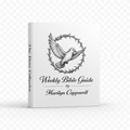 Weekly Bible Guidebook propped up with dove encircled by a crown of thorns design with black script that reads "Weekly Bible Guide by Marilyn Capparell" on a white background.