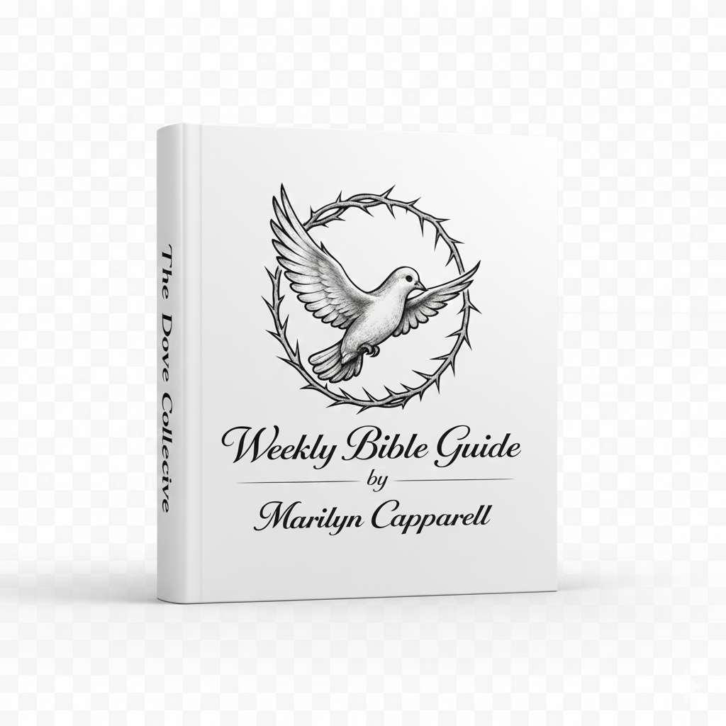 Weekly Bible Guidebook propped up with dove encircled by a crown of thorns design with black script that reads "Weekly Bible Guide by Marilyn Capparell" on a white background.