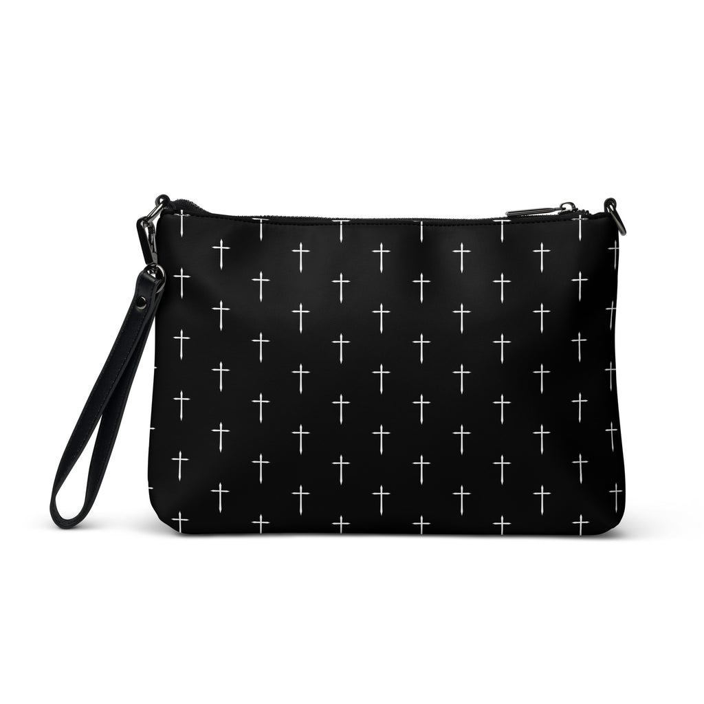 Black clutch bag with white cross pattern on a white background
