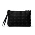 Black clutch bag with white cross pattern on a white background