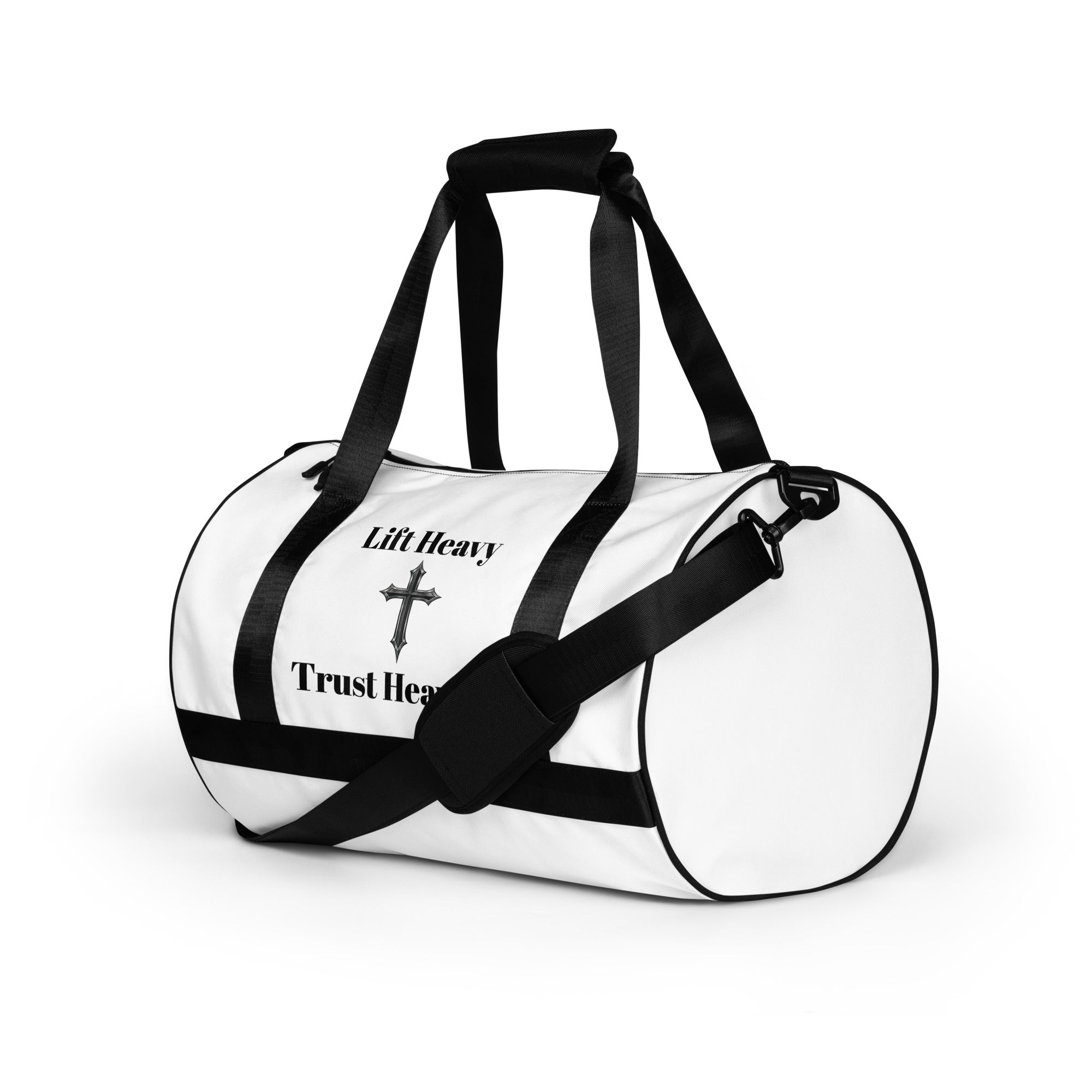 White duffel bag with black straps and motivational text on a white background