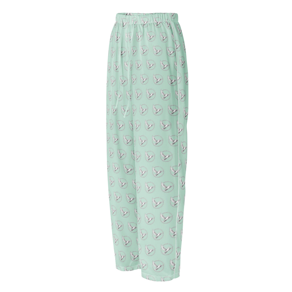 Mint green pajama pants with a subtle pattern on a white background