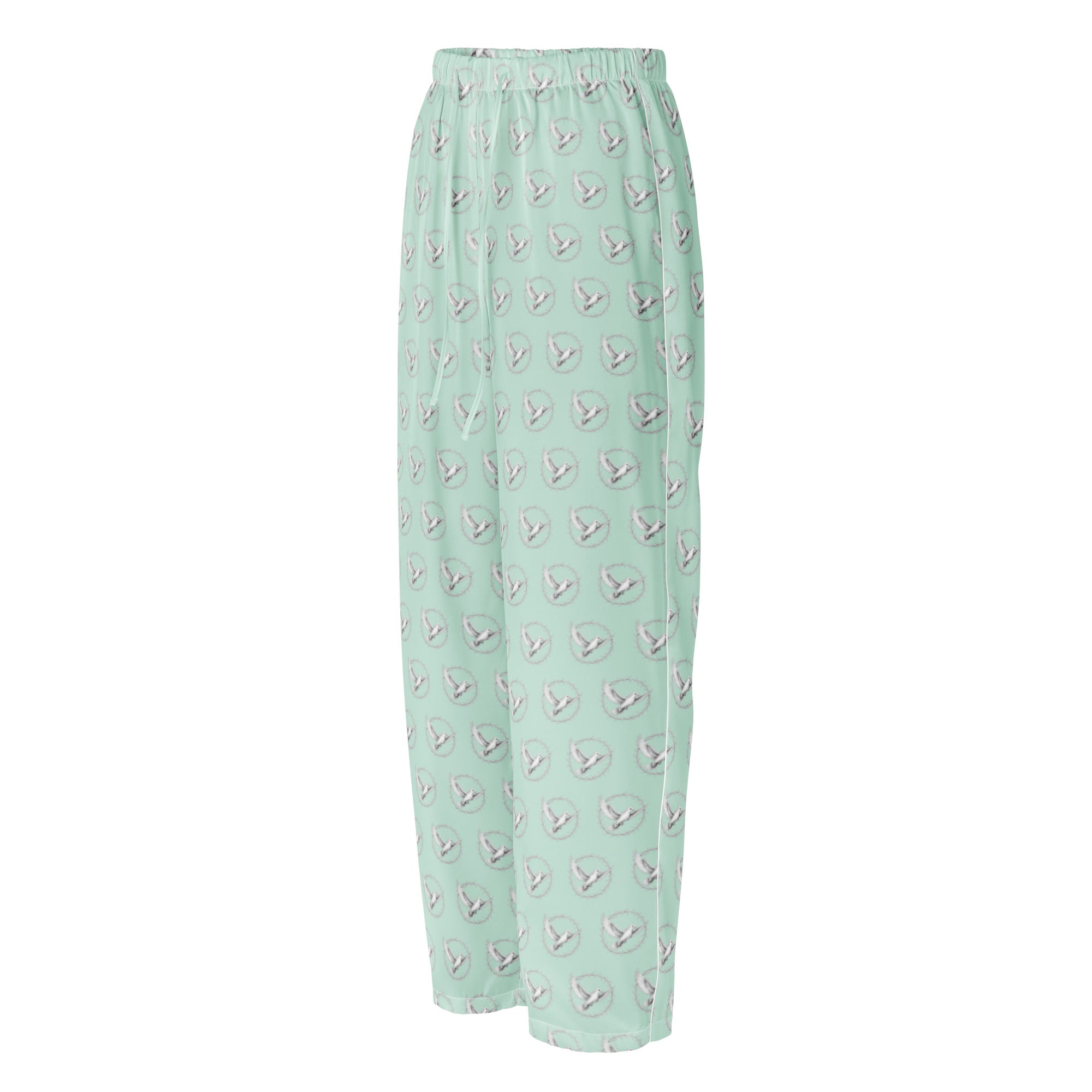 Mint green pajama pants with a subtle pattern on a white background