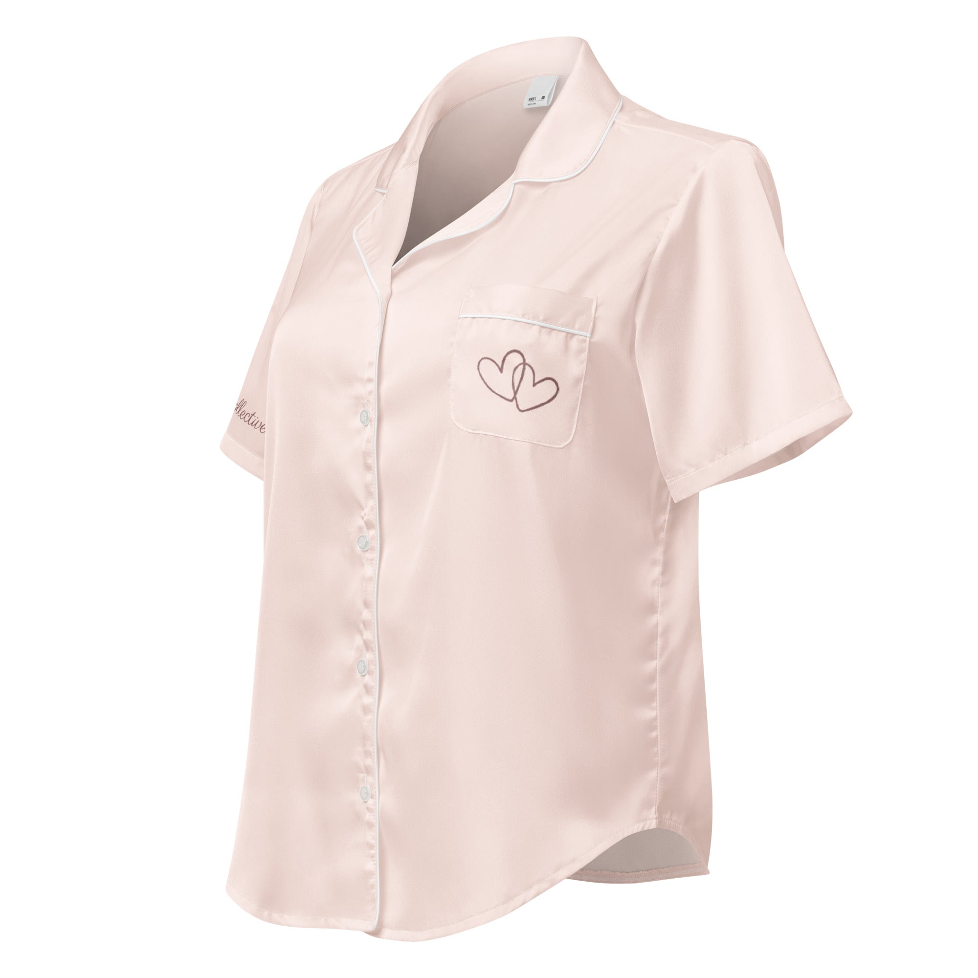 Light pink silk short-sleeve pajama shirt with a heart design on a white background