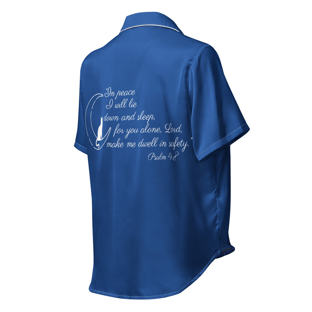 Blue shirt with a printed text design on the back against a white background