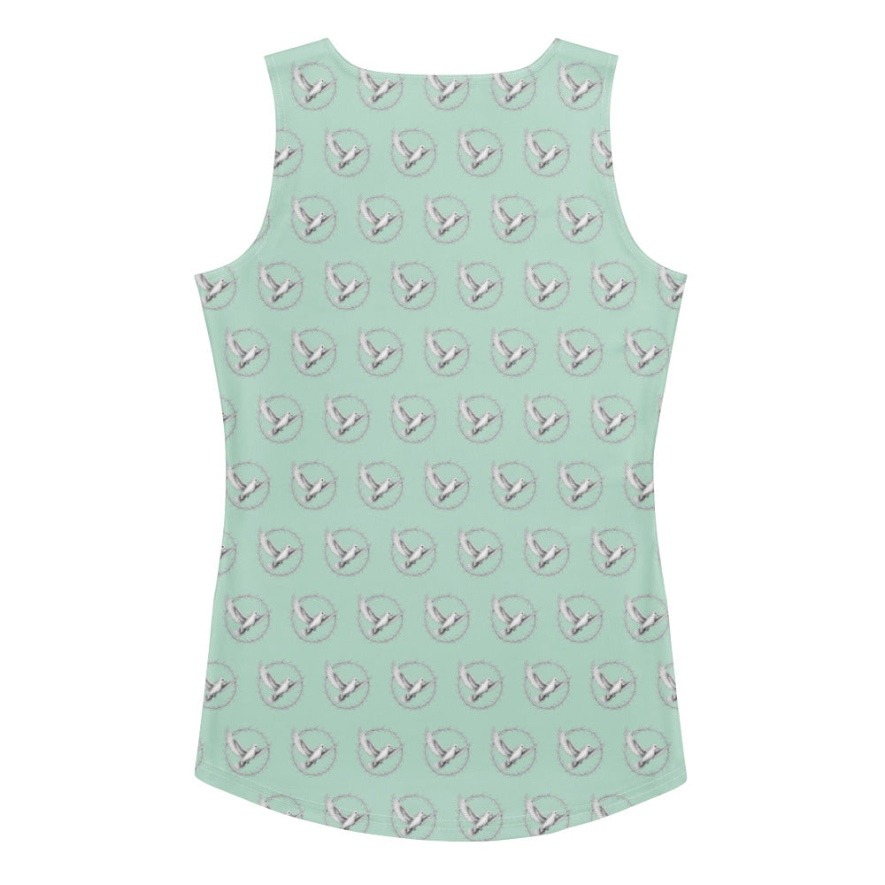 Mint green tank top with white geometric pattern on a white background