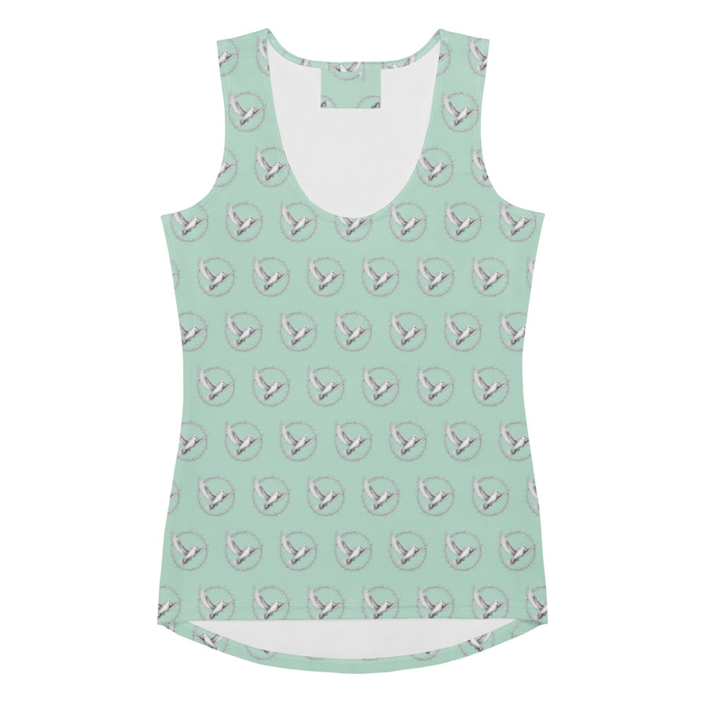 Mint green tank top with white heart pattern on a white background