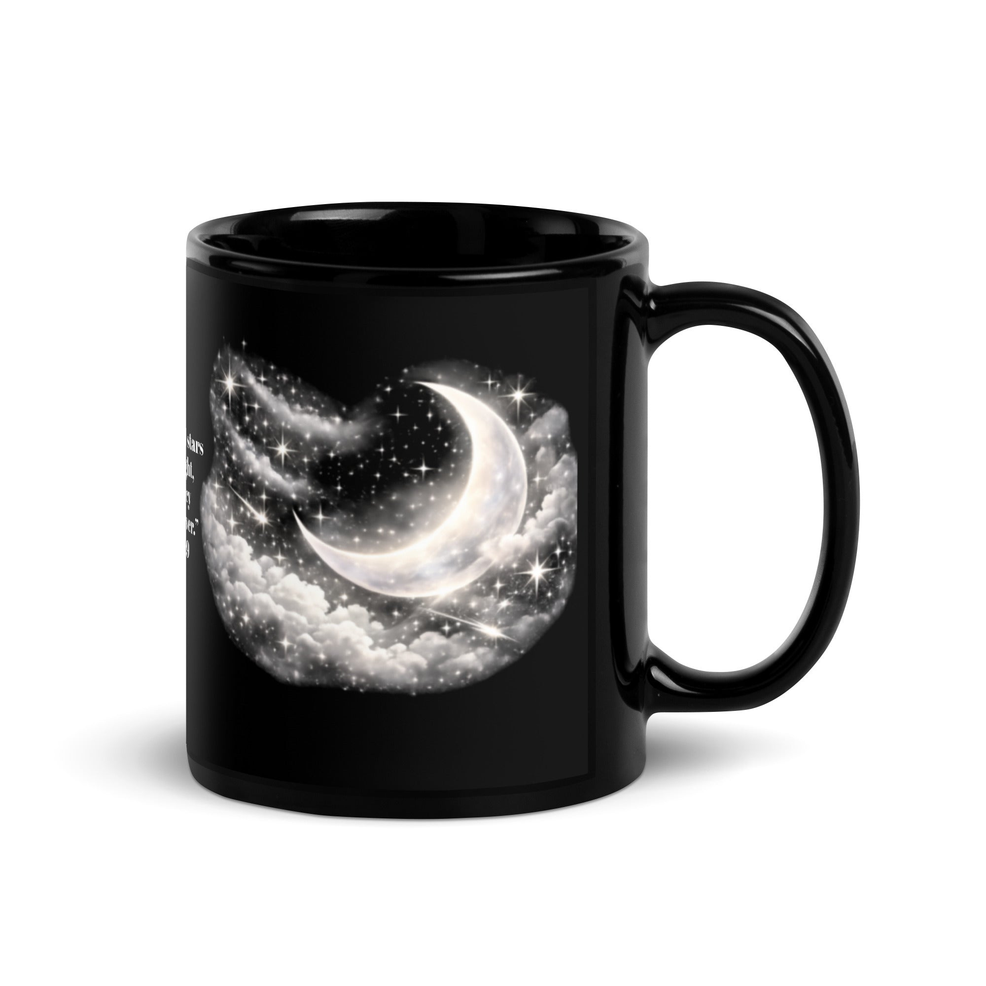 black ceramic mug featuring a dreamy silver crescent moon surrounded by glowing stars and soft clouds against the dark background. 