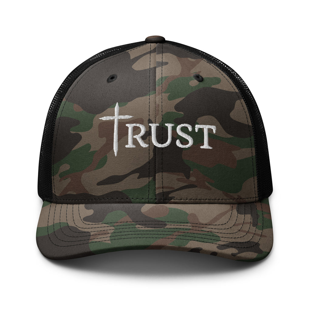 Camouflage cap with 'TRUST' and a cross on a white background