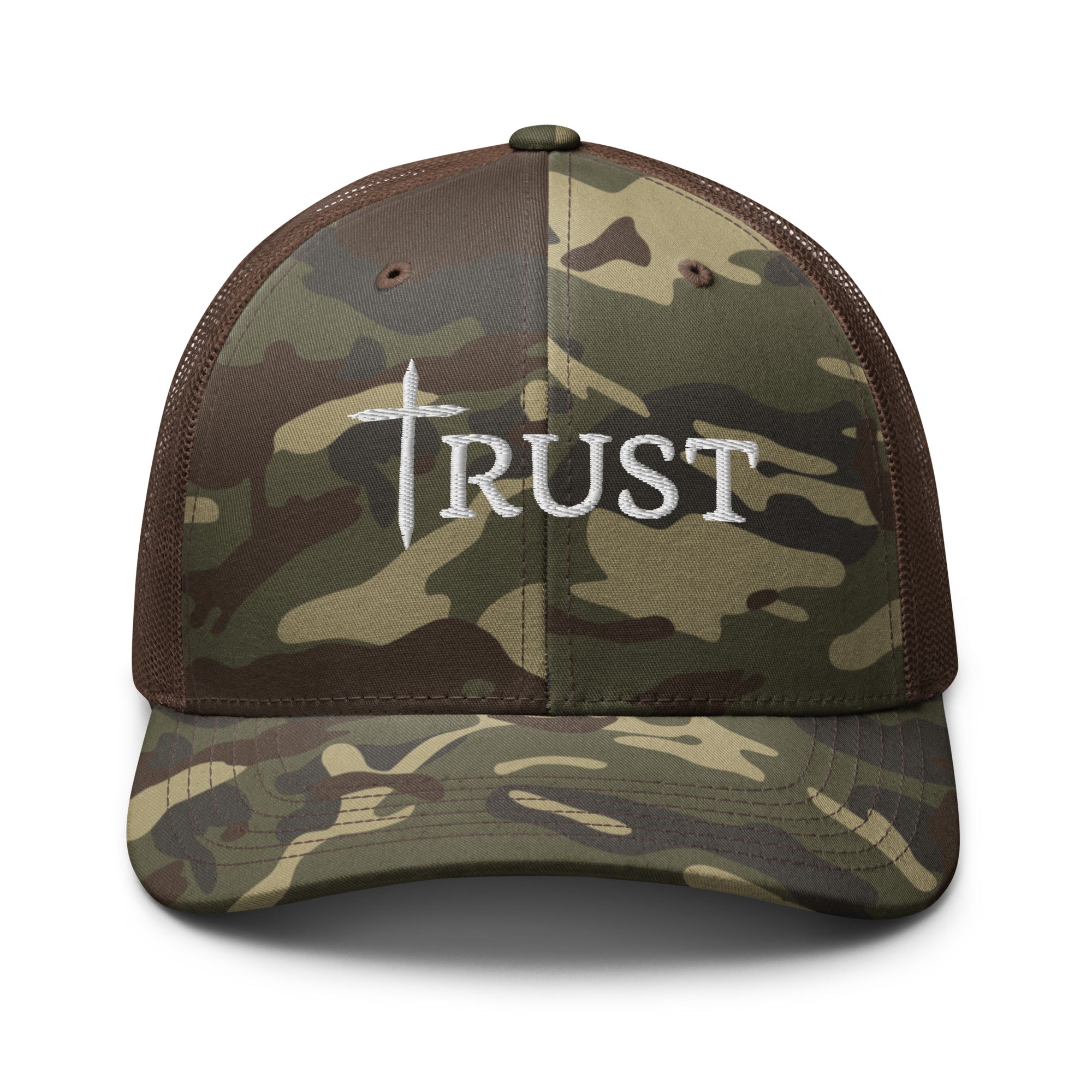 Camouflage cap with 'TRUST' text and cross symbol on a white background