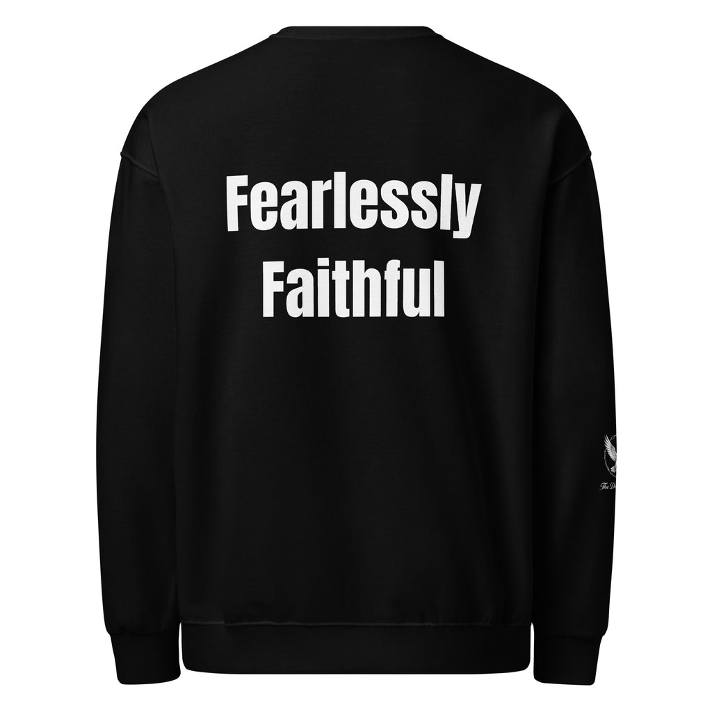 Black sweatshirt with 'Fearlessly Faithful' text on the back against a white background