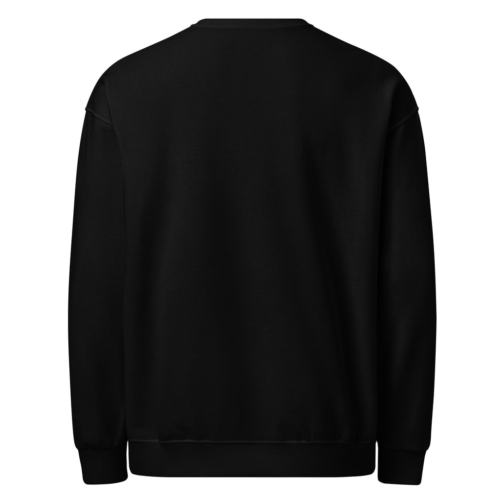 back of black crew neck sweatshirt against a plain white background.