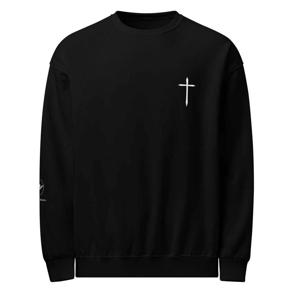 Black sweatshirt with a white cross on a white background