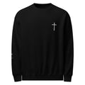 Black sweatshirt with a white cross on a white background