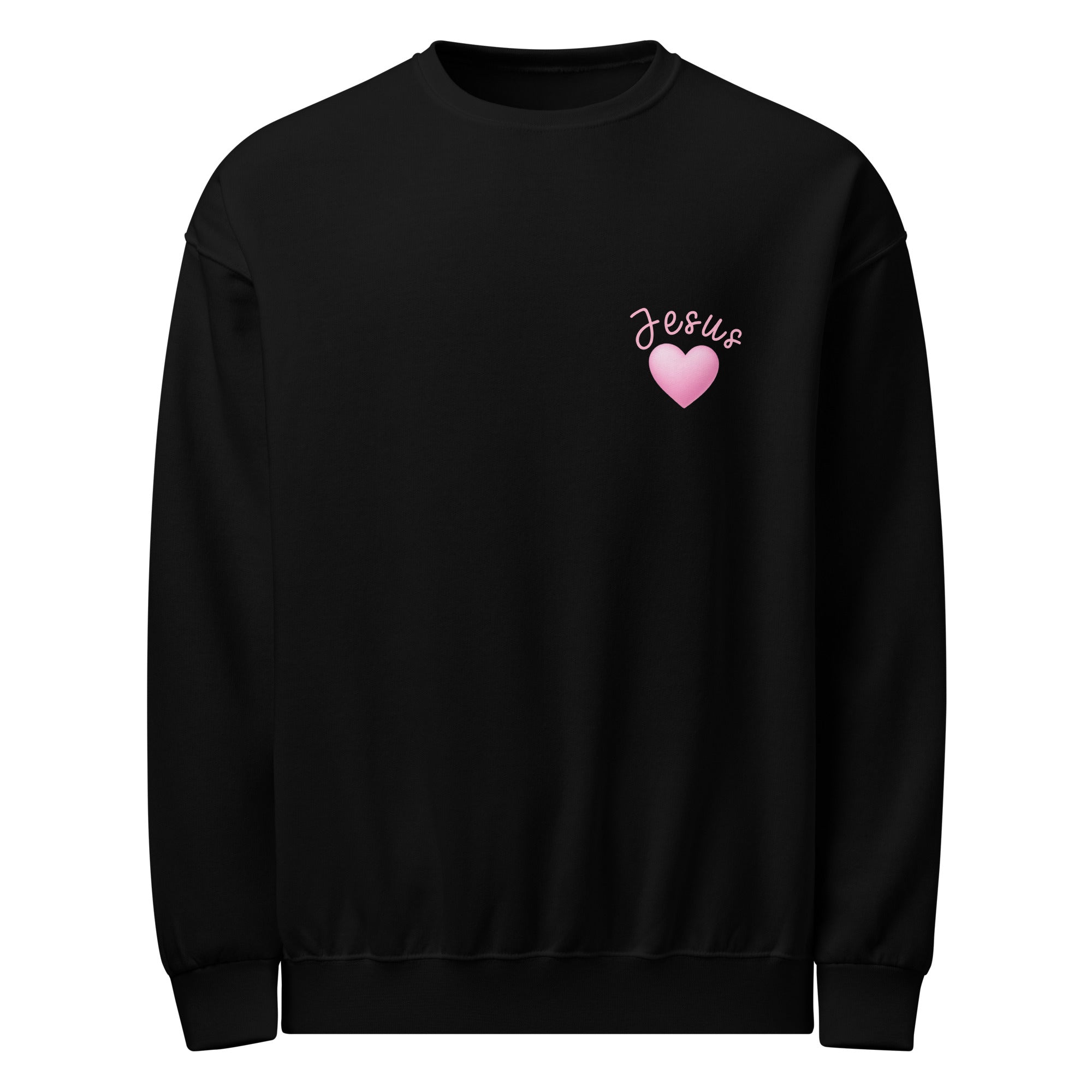 Black sweatshirt with 'Jesus' and a pink heart on a white background