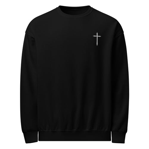 front of black crew neck sweatshirt with a white cross embroidered on the left chest against a plain white background.