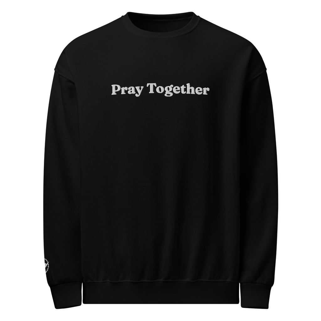 Black sweatshirt with 'Pray Together' text on a white background
