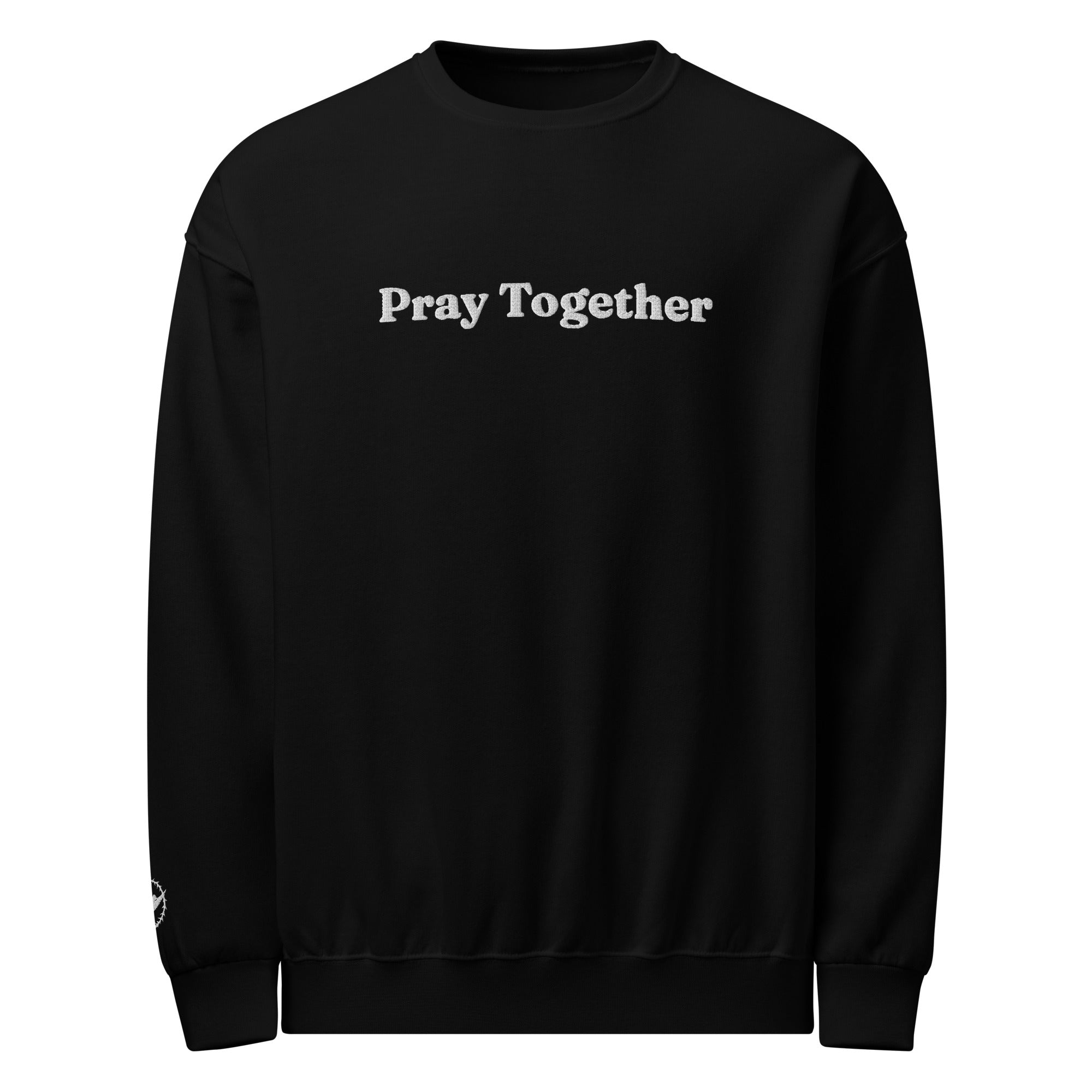Black sweatshirt with 'Pray Together' text on a white background