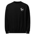 Black sweatshirt with a small white logo on the chest against a white background
