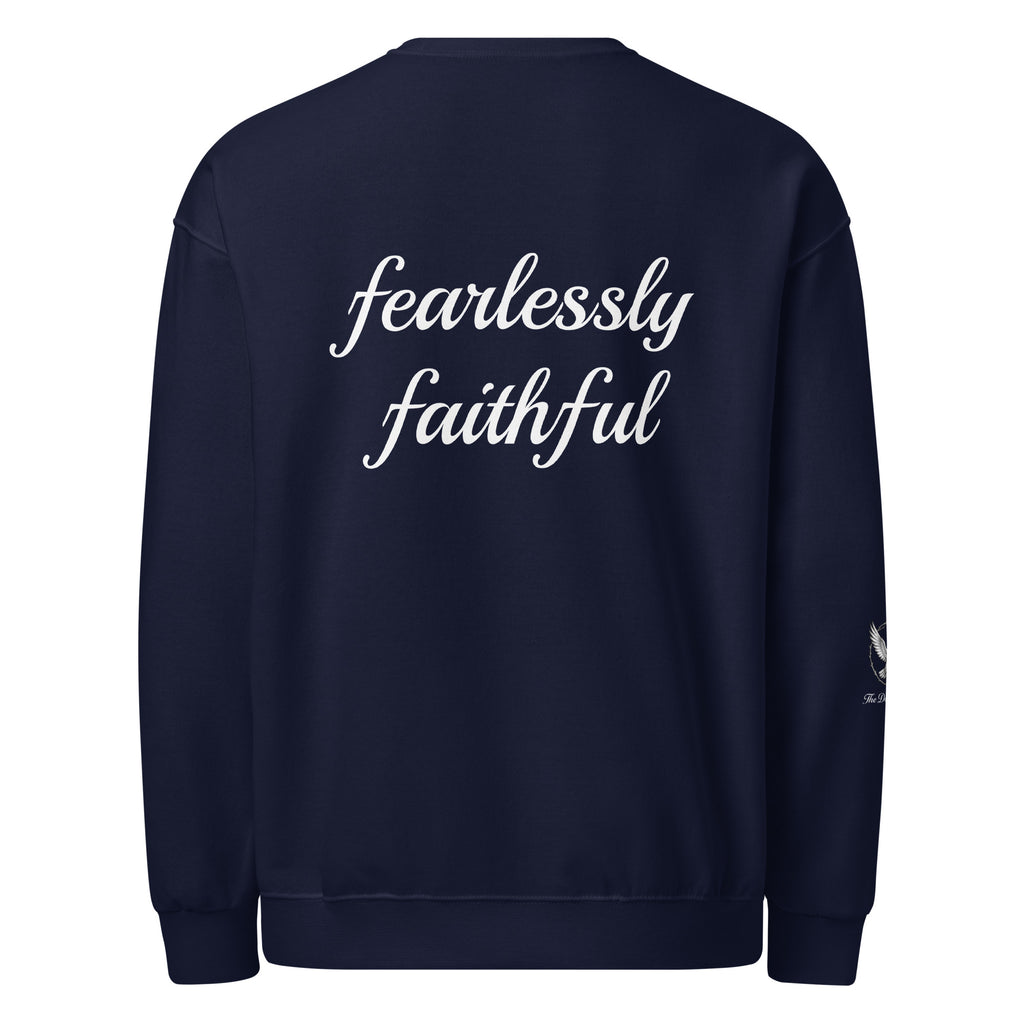 Navy blue sweatshirt with 'fearlessly faithful' text on the back against a white background