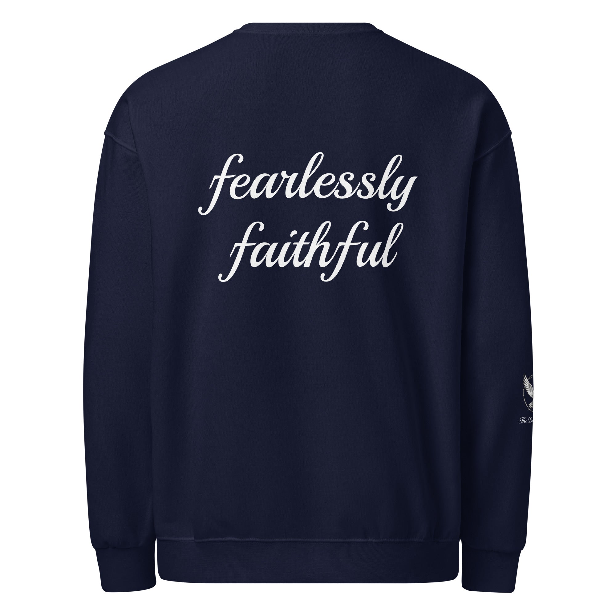 Navy blue sweatshirt with 'fearlessly faithful' text on the back against a white background