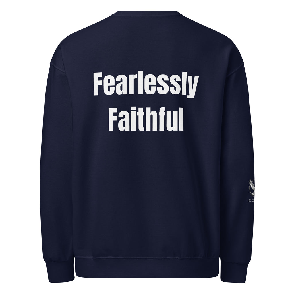 Navy blue sweatshirt with 'Fearlessly Faithful' text on the back against a white background