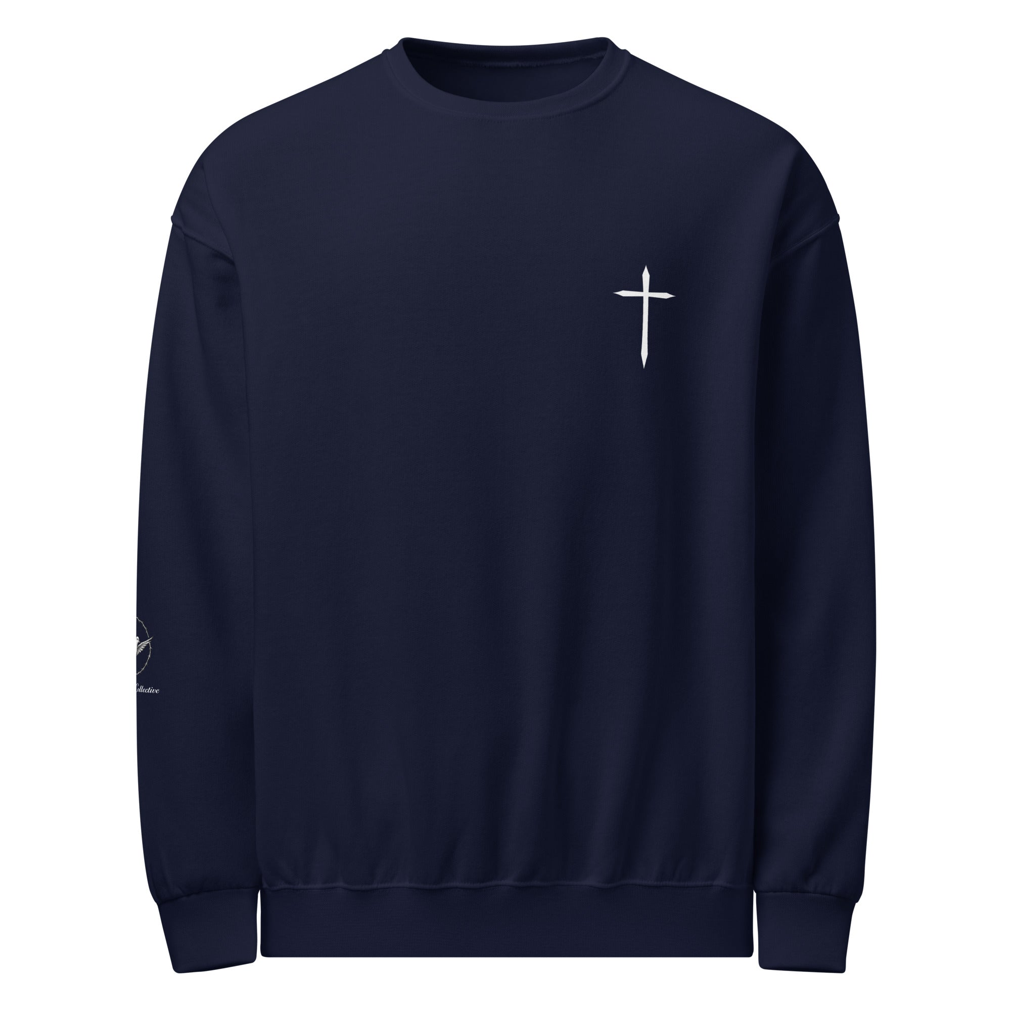Navy blue sweatshirt with a white cross on a white background