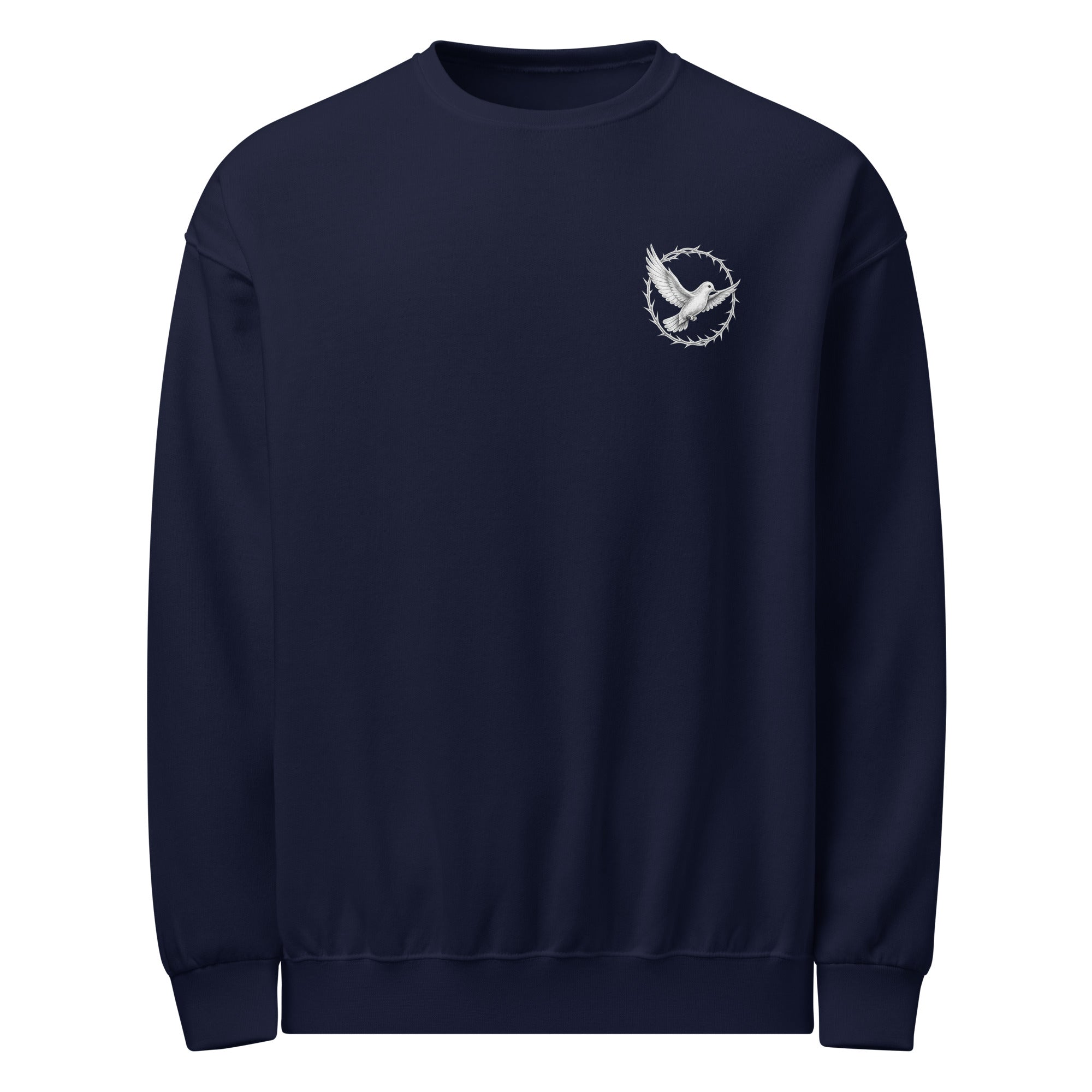 Navy blue sweatshirt with a small white logo on a white background