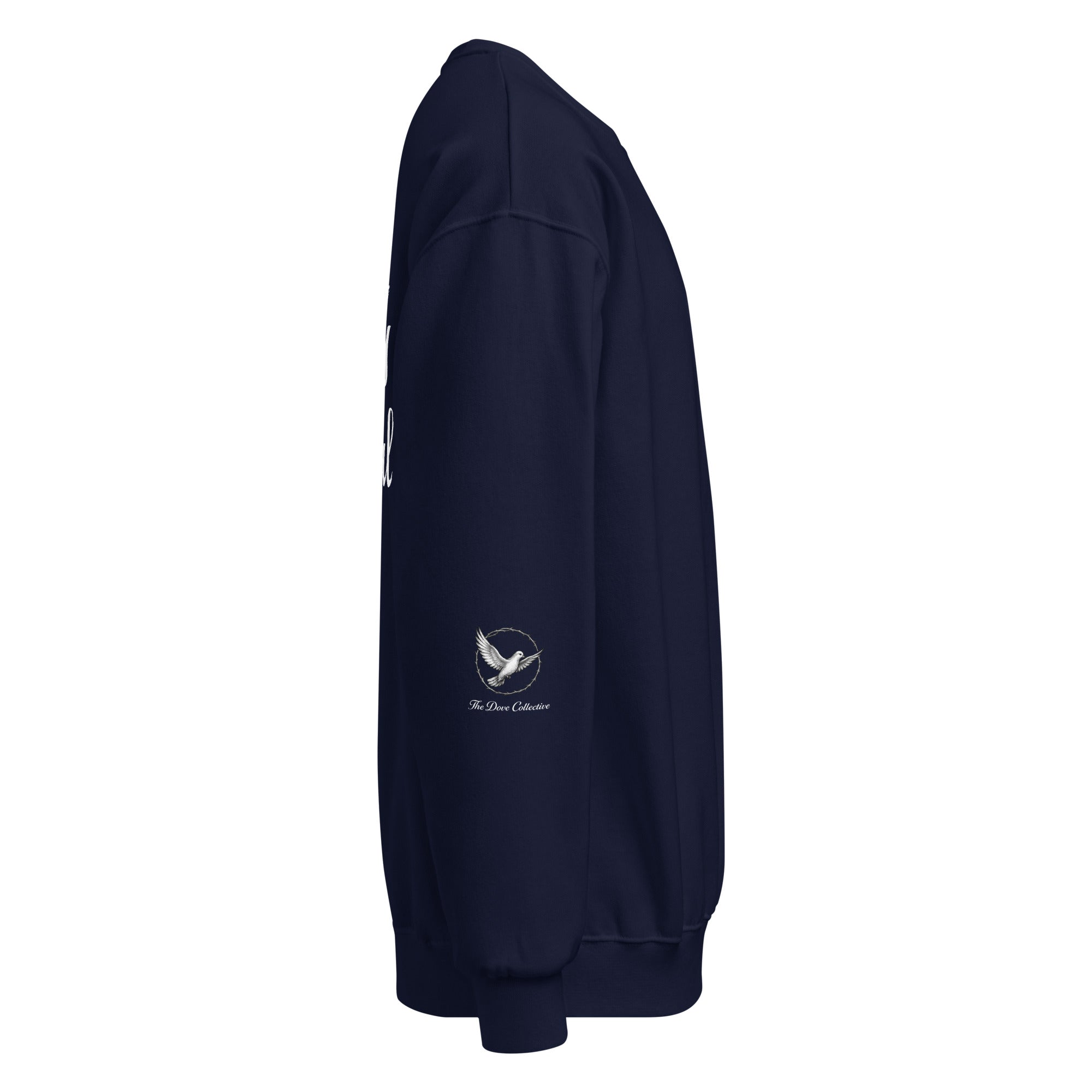 navy sweater with the right sleeve and a small logo of a dove encircled by a crown of thorns and the word "The Dove Collective" printed under it. 