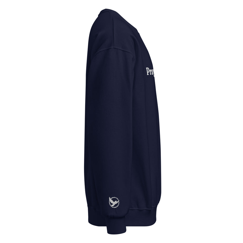 Navy blue sweatshirt with branding on a white background