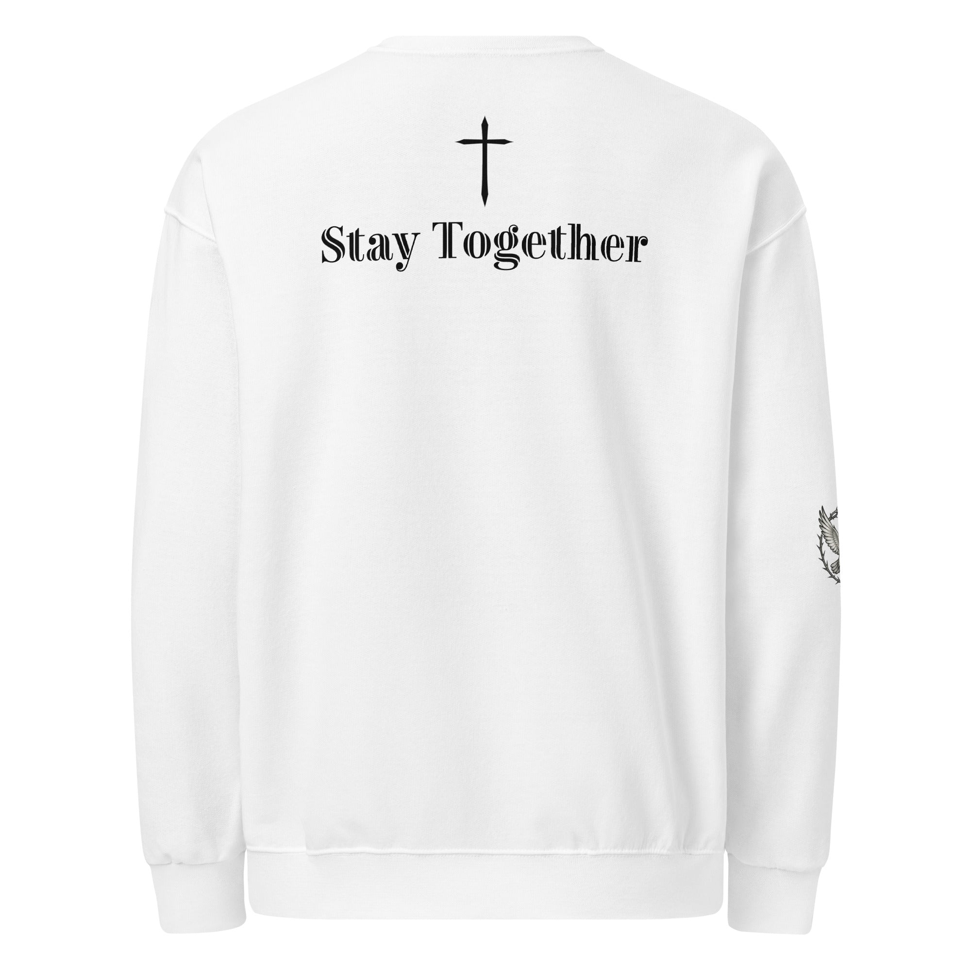 back of white classic crew neck sweatshirt with "Stay Together" across the back shoulder blades and Dove logo with dove and crowns on right elbow sleeve 