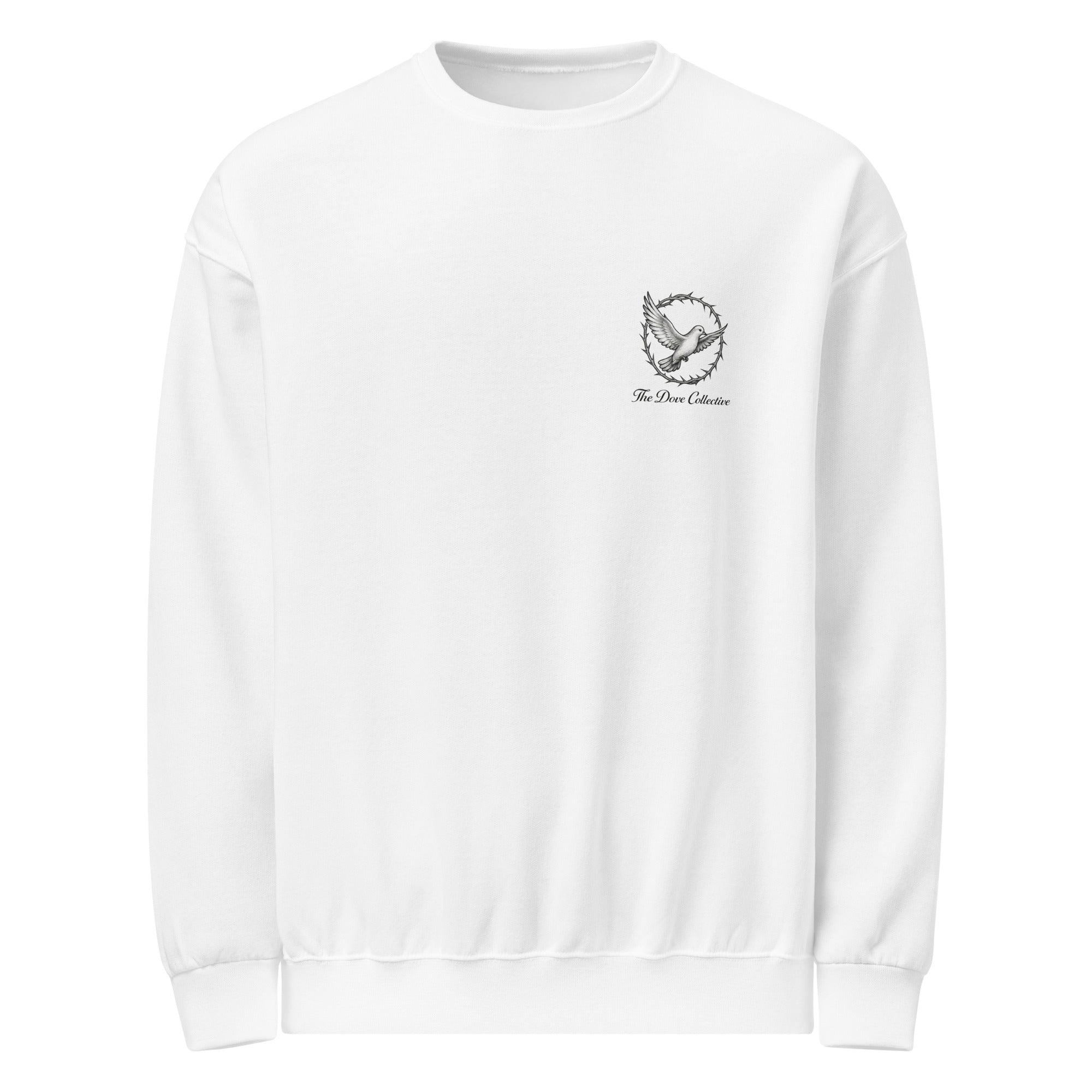 White sweatshirt with a small logo of a dove encircled by a crown of thorns on   the chest against a white background