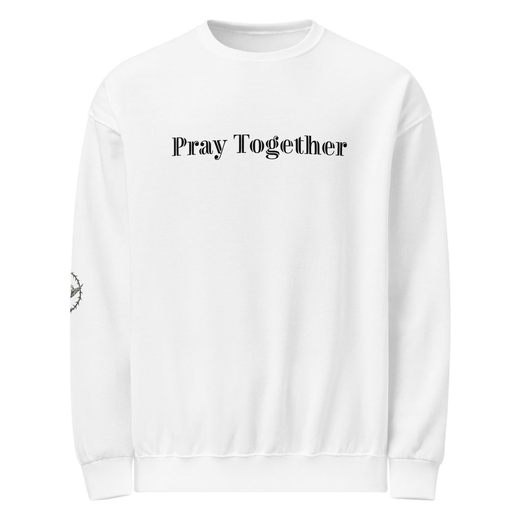 front of white classic crew neck sweatshirt with "Pray Together" across the front chest and Dove logo with dove and crowns on right elbow sleeve 