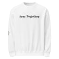 front of white classic crew neck sweatshirt with "Pray Together" across the front chest and Dove logo with dove and crowns on right elbow sleeve 