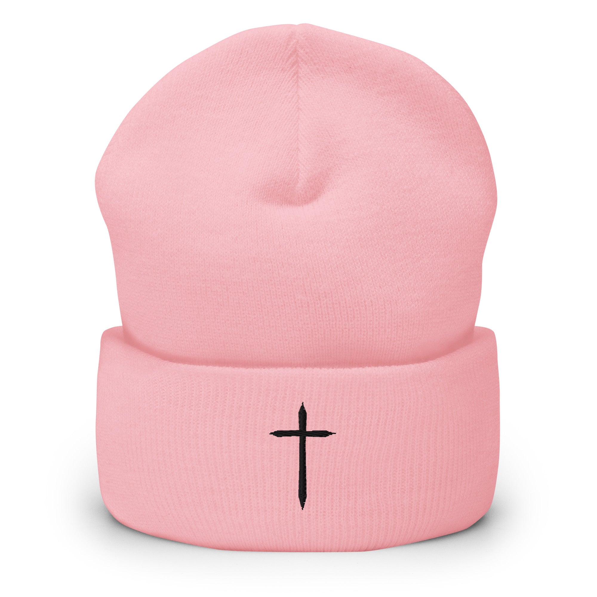 pink cuffed beanie with black cross embroidered on the front 