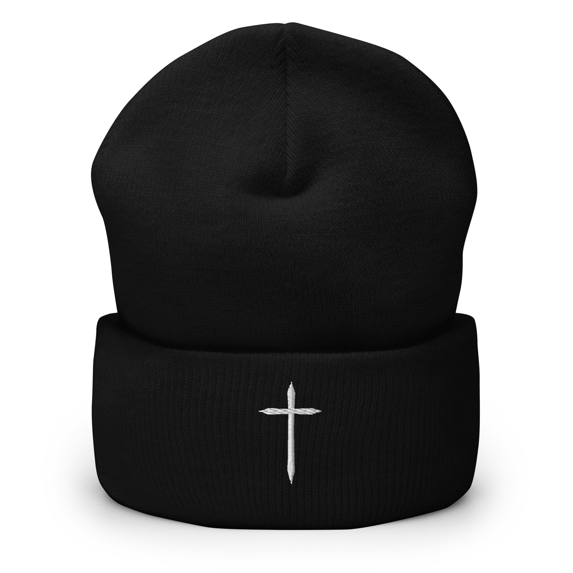 black cuffed beanie with white cross embroidered in middle 