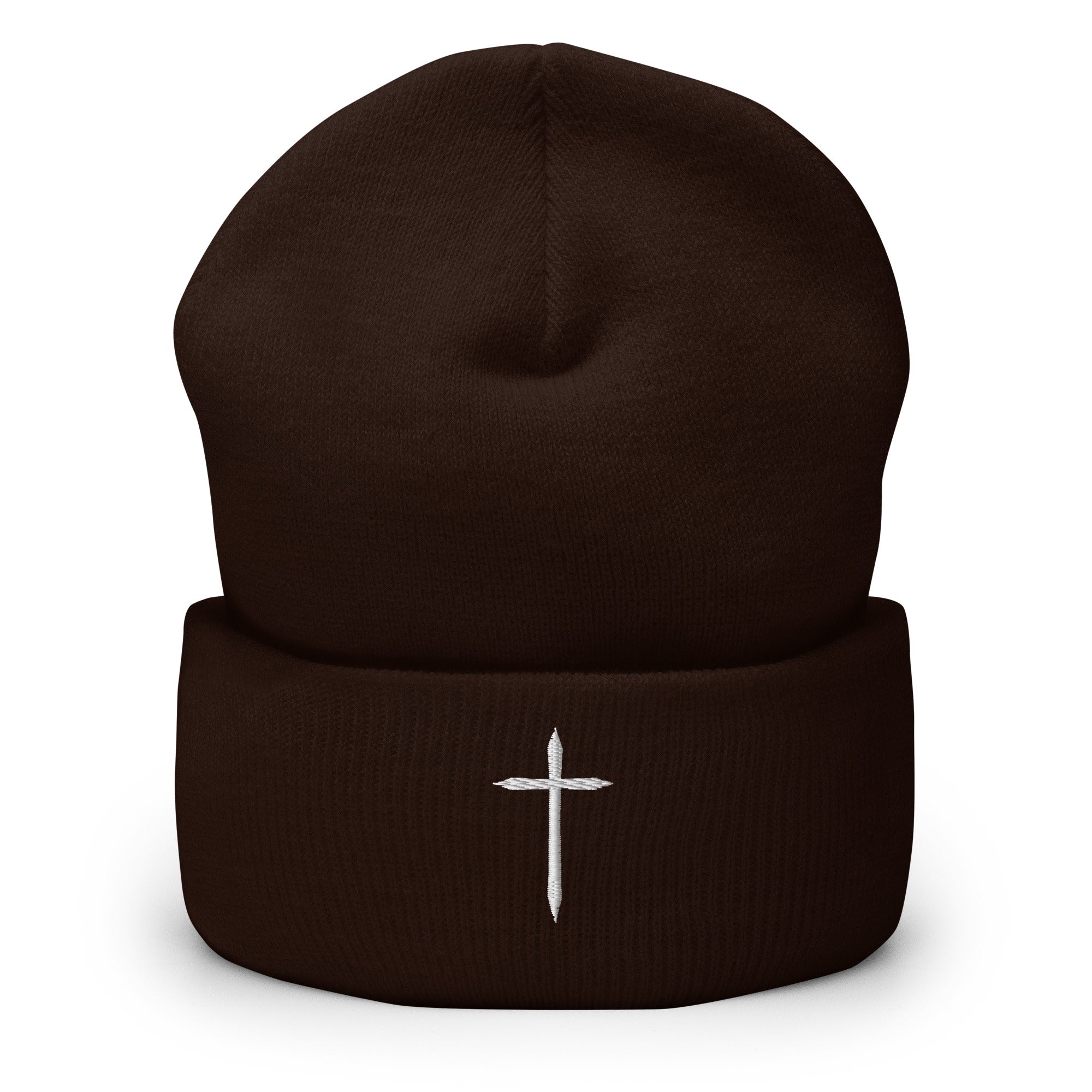 brown cuffed beanie with white cross embroidered in middle 