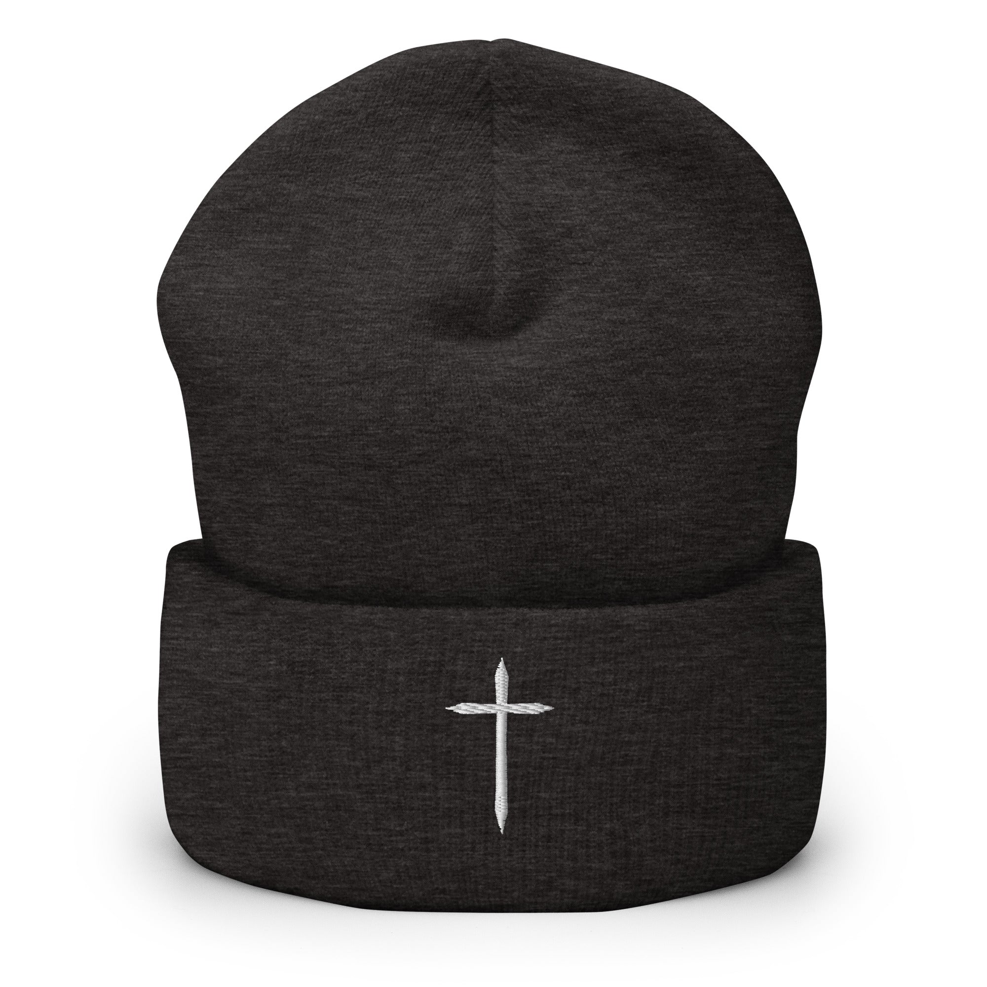 dark grey cuffed beanie with white cross embroidered in middle 