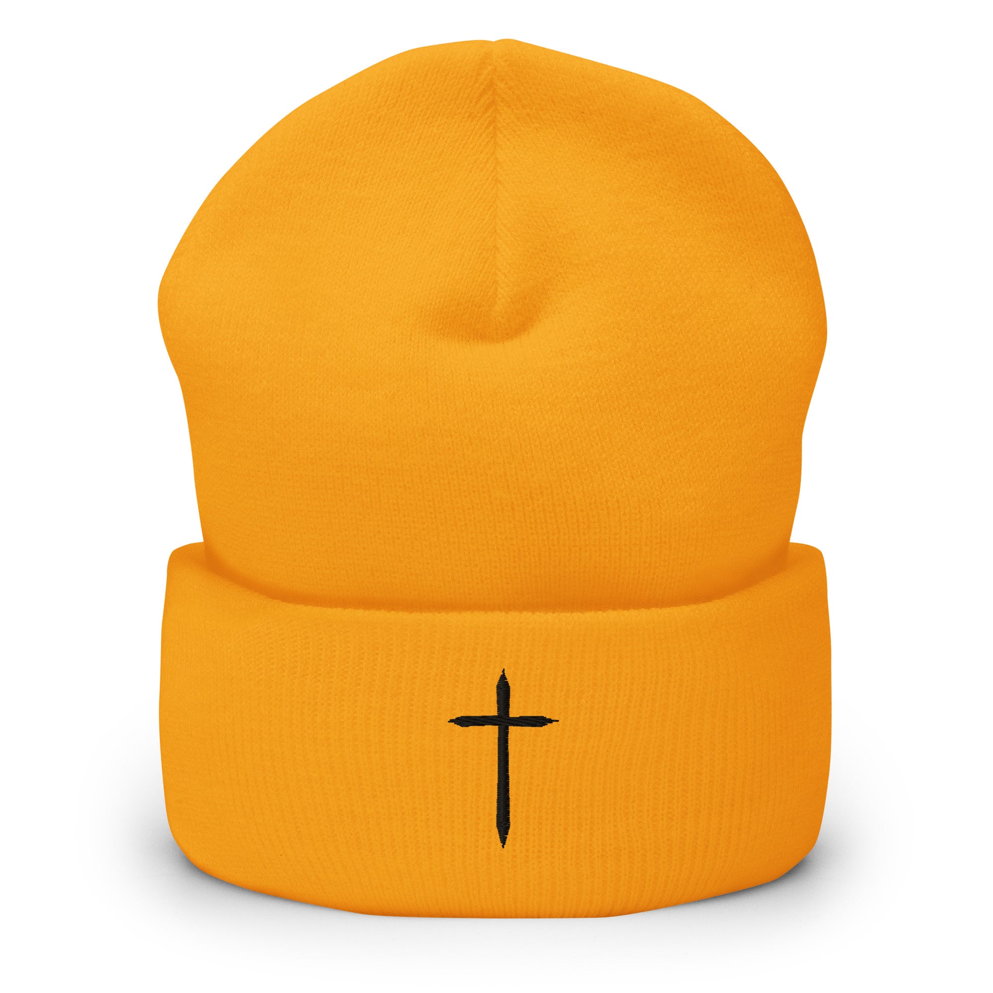 orange yellow cuffed beanie with black cross embroidered on the front 