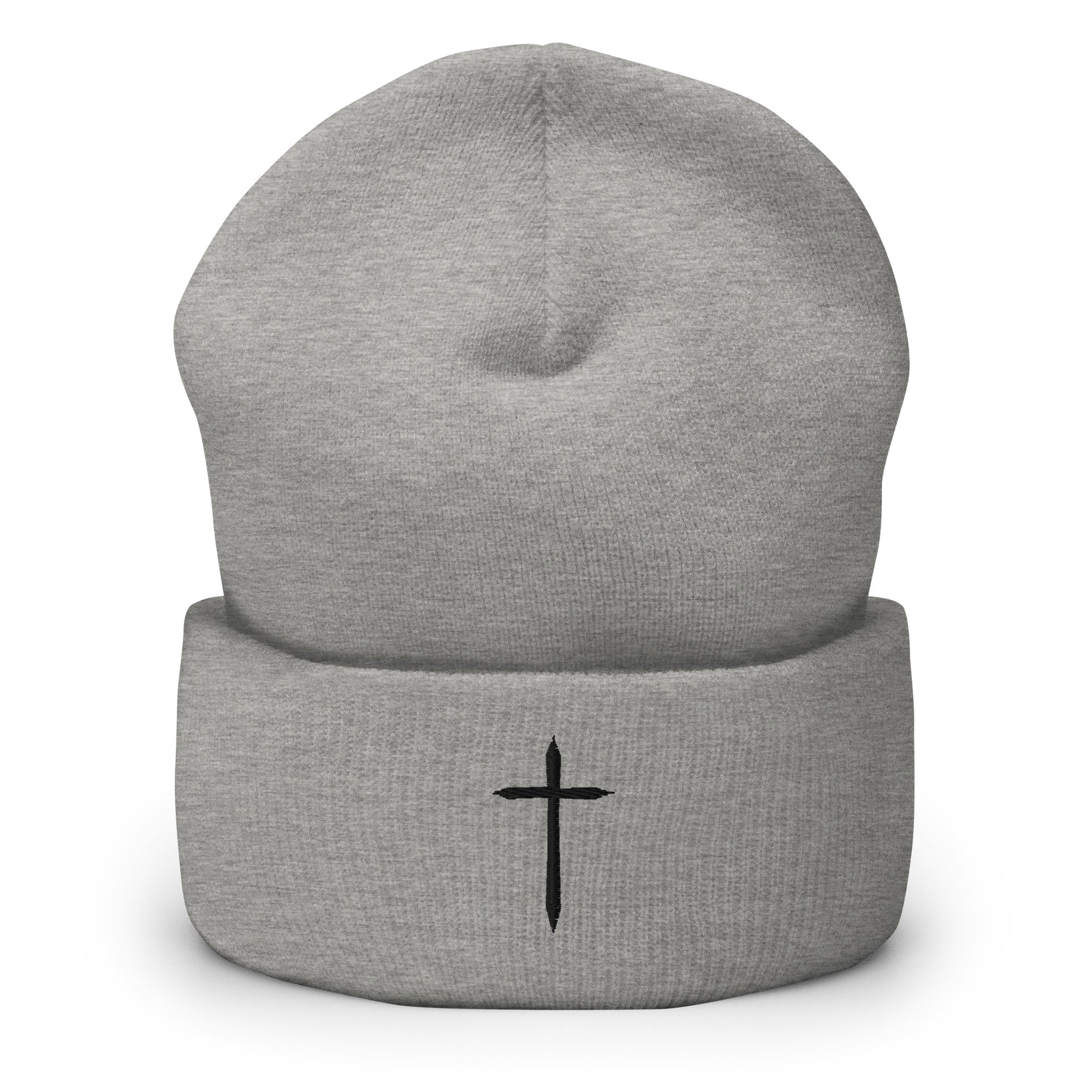 gray cuffed beanie with black cross embroidered on the front 