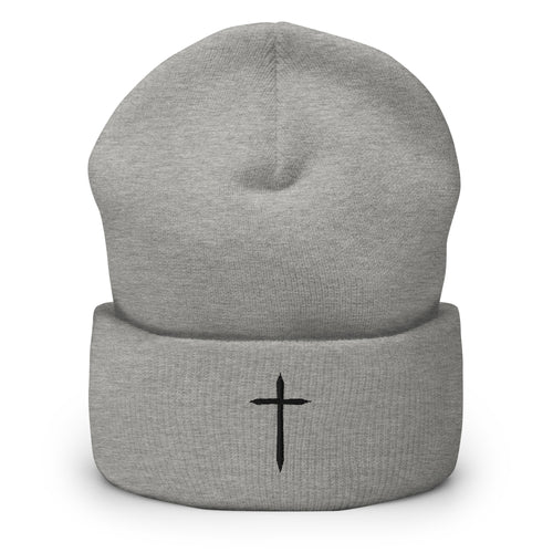 gray cuffed beanie with black cross embroidered on the front 