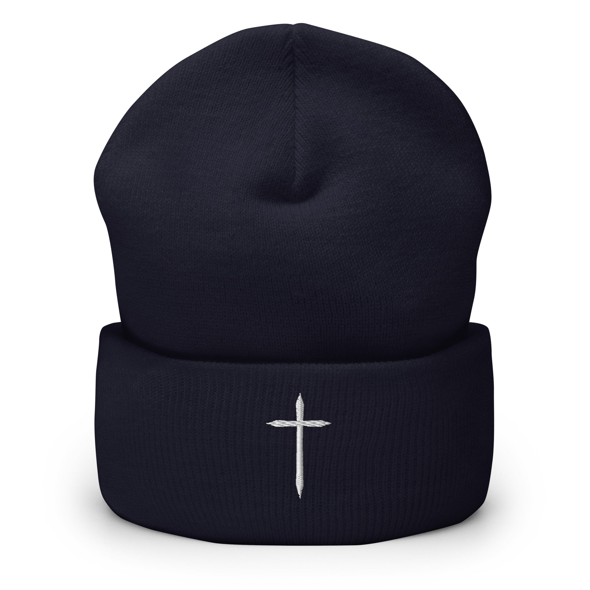navy cuffed beanie with white cross embroidered in middle 