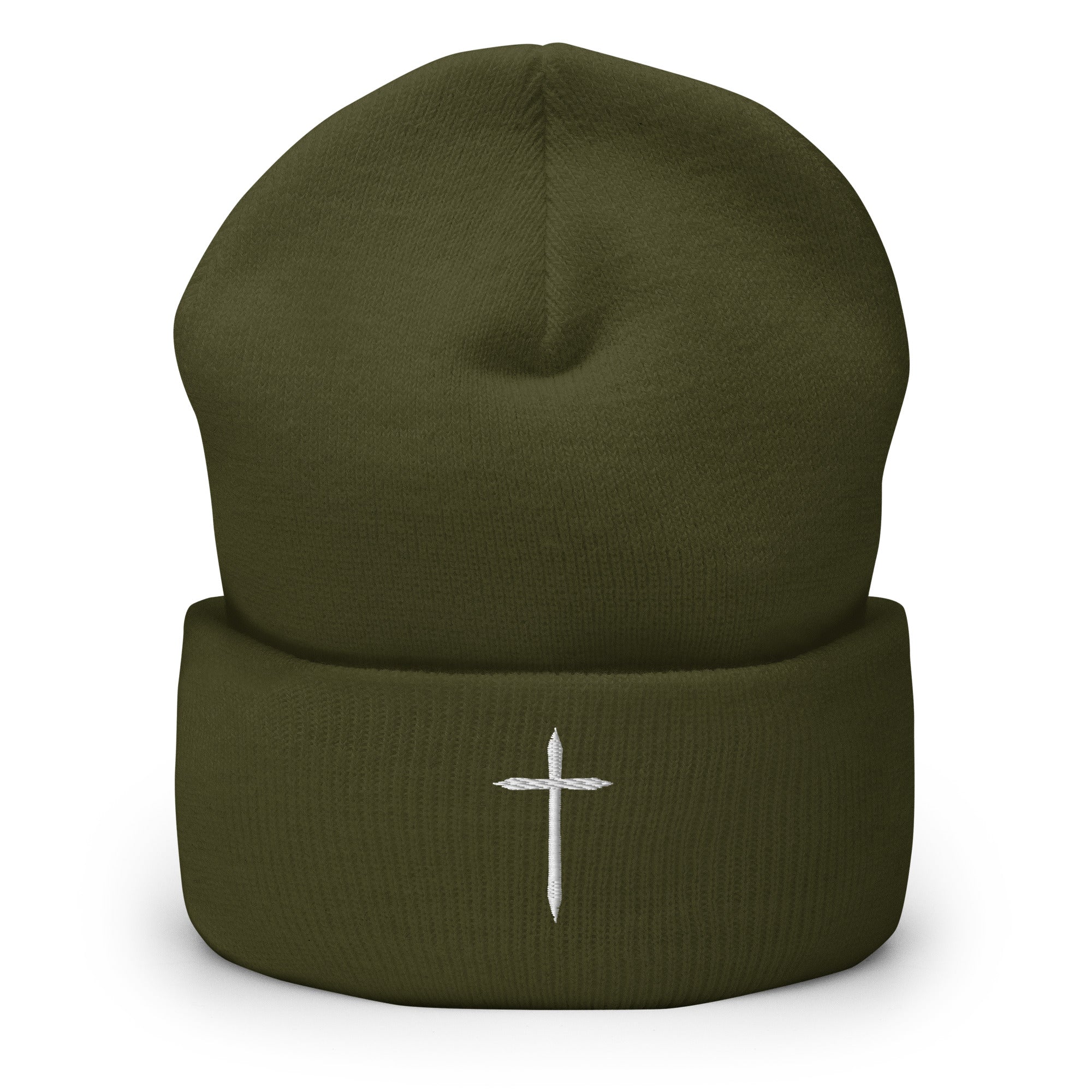 olive green cuffed beanie with white cross embroidered in middle 