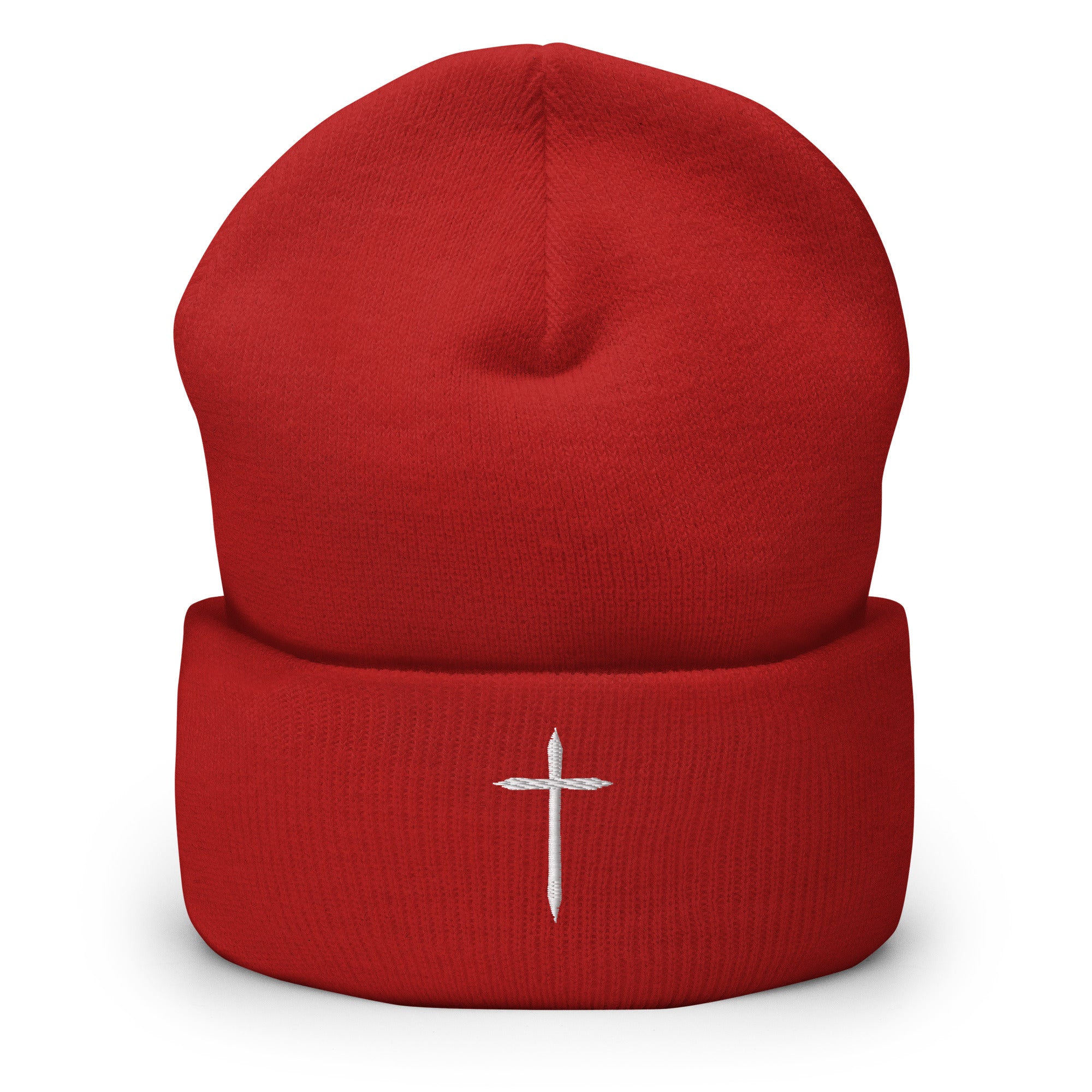 red cuffed beanie with white cross embroidered in middle 
