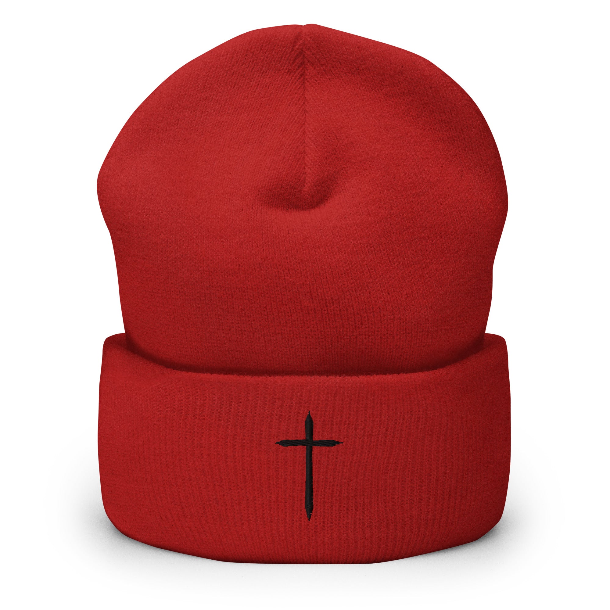 red cuffed beanie with black cross embroidered on the front 