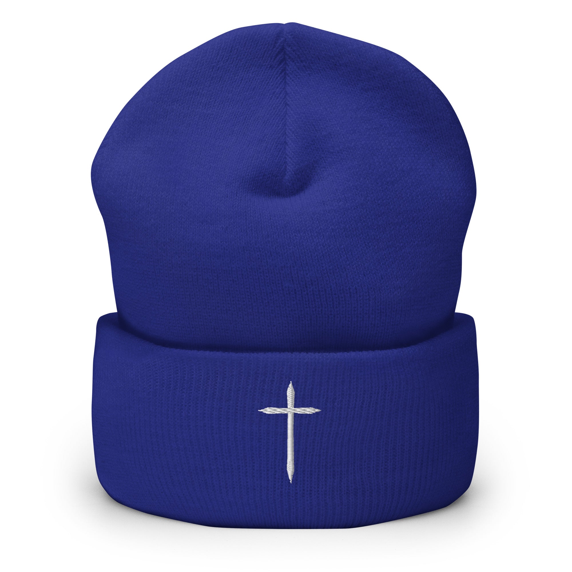 royal blue cuffed beanie with white cross embroidered in middle 