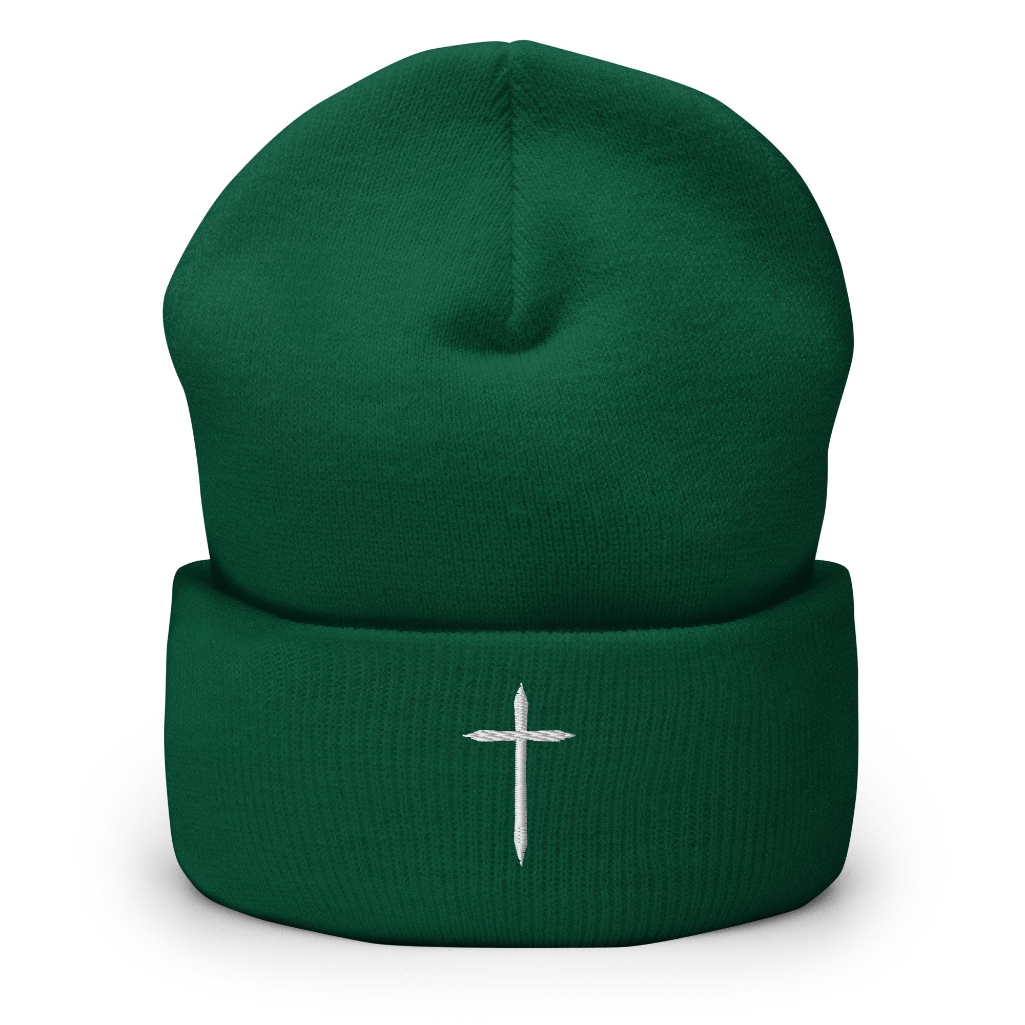 spruce green cuffed beanie with white cross embroidered in middle 